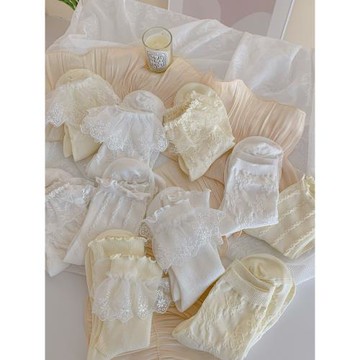 襪子女中筒襪蕾絲花邊襪可愛蘿莉塔薄款白色洛麗塔蝴蝶結日系短襪