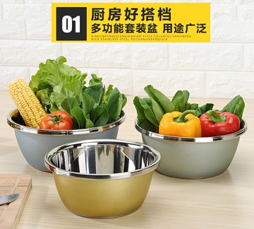 加厚不銹鋼盆彩色家用廚房洗菜盆瀝水籃洗米篩淘米漏盆圓形盆子