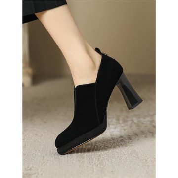 8.5cm高跟鞋~粗跟V口短靴女深口單鞋真皮防水臺裸靴磨砂皮及踝靴