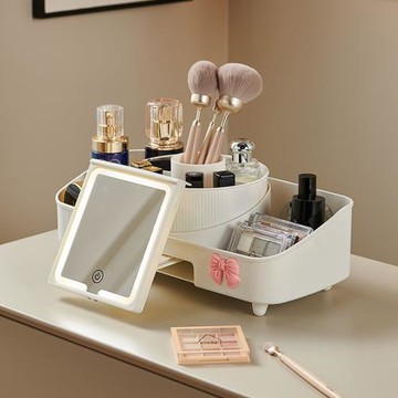 收納盒桌面置物架口紅化妝品多功能帶鏡子置物架創意可旋轉整理箱
