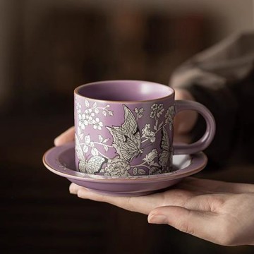 創意紫汝鎏銀蝶戀花陶瓷咖啡杯碟套裝家用下午茶女士精致咖啡杯子