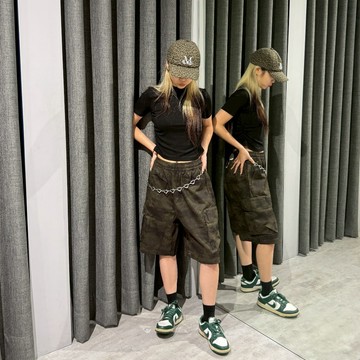 【MasCool】 迷彩工裝短褲 短褲 抽繩鬆緊帶 休閒短褲 寬鬆 五分褲 女生短褲 男生短褲