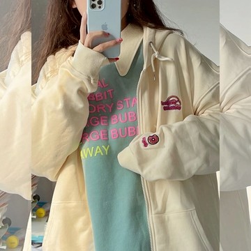 春秋薄款奶黃色衛衣女新款寬松慵懶風連帽拉鏈開衫外套潮
