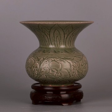 宋 越窯青釉雕刻花卉渣肚瓶  仿古舊貨瓷器收藏擺件古典家居裝飾