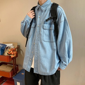 寬鬆復古牛仔長袖襯衫 / NewTro / 水洗丹寧 / 雙口袋 / 男女同款 / 2色 / M到3XL【QTJBYD253】