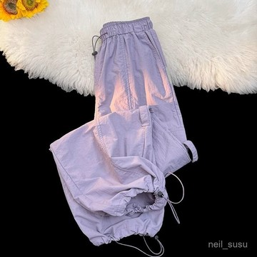 P3-【限時特賣】 長褲女 寬褲女 女生長褲 高腰褲 夏季薄款高腰抽繩束腳速乾美式工裝褲女休閒闊腿褲小個子運動褲子