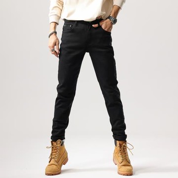 高端黑色牛仔褲男春秋款潮牌簡約寬松直筒休閑秋季搭配馬丁靴褲子