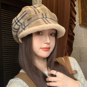 【全店免運 限時下殺】甜美百搭格紋毛邊貝雷帽女秋冬休閒加絨加厚八角帽防寒保暖畫家帽貝雷帽 畫家帽 報童帽 帽子