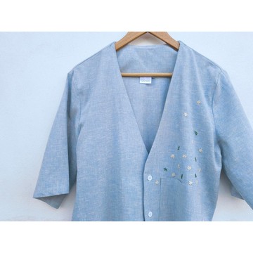 刺繡 | 棉 | 短袖罩衫 藍色