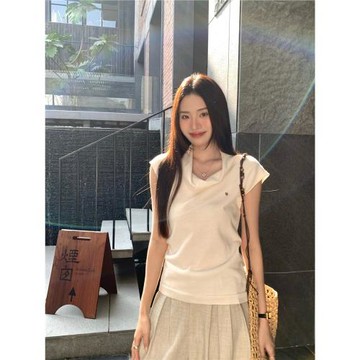 文然WENRAN 法式無袖白色蕩領針織衫女夏百搭氣質上衣通勤顯瘦T恤
