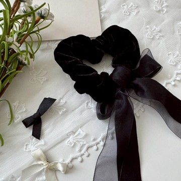 【Fee隔日到貨單色】絨毛布雙層絲帶蝴蝶結黑色大腸髮圈🔥髮飾 髮圈 時尚配件 女生配件 造型髮圈 配件 丸子頭包頭髮繩