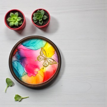 酒精墨水藝術優質胡桃木杯墊 - 蝴蝶 (F)