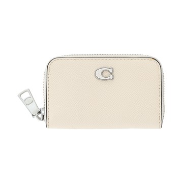 COACH C字Logo粉筆白荔枝紋拉鍊內雙層卡夾零錢包