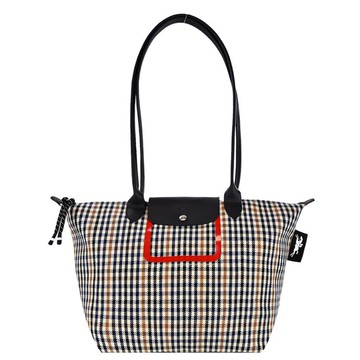 LONGCHAMP LE PLIAGE 系列千鳥格紋帆布長把肩背/斜背包（海軍藍x白蘭地酒） _廠商直送