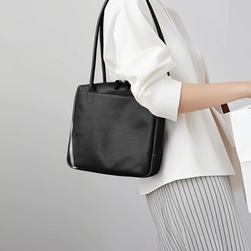 软皮 托特包日式手工方包黑色 休闲女包多功能手提 大号