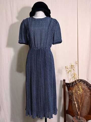 斜紋滾邊褶裙短袖古著洋裝/ 國外帶回 VINTAGE
