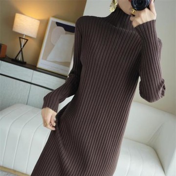 半高領針織連衣裙女秋季寬松內搭黑色抽條長款過膝毛衣打底長裙