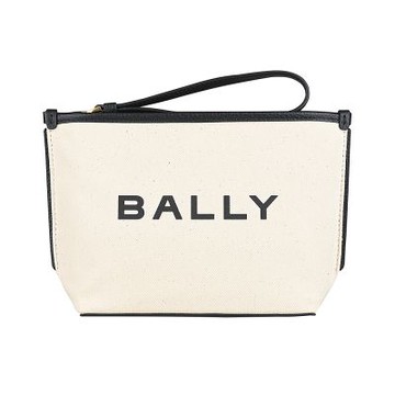 BALLY 字母印花LOGO帆布搭皮革飾邊拉鍊手拿包(米x黑)