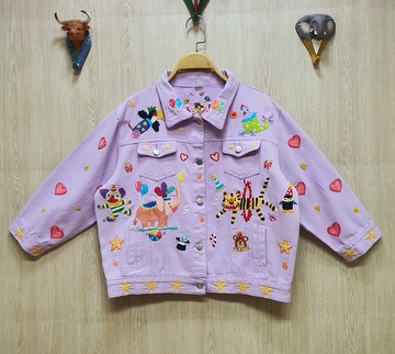 手工刺繡襯衫、亞麻織物、鹿、狐狸、花、 兒童藝術、塗鴉