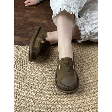 藝鞜2026年春季新款真皮淺口平底T字軟底魔術貼圓頭日系文藝單鞋