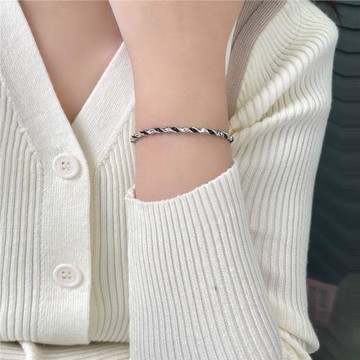 手鐲S925純銀黑色拼接麻花扭曲開口時尚手環小眾高級感百搭款情侶