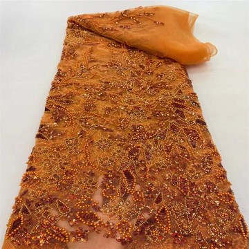 外貿時尚婚紗面料禮服珠管亮片刺繡Handmade beaded lace fabric