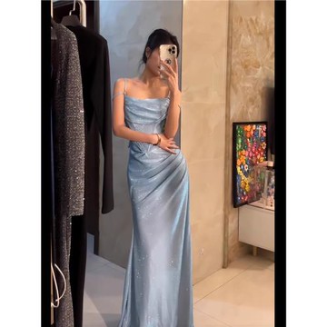 法式正式場合宴會晚禮服設計感收腰生日節日藍色閃閃吊帶連衣裙女