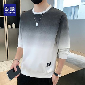 羅蒙衛衣男士休閑圓領漸變色長袖上衣潮流春秋季男裝時尚漸變t恤