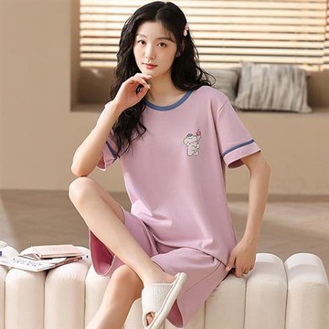 【韓國K.W.】韓國空運時髦登場涼爽棉短袖睡衣套裝(套裝/棉麻/家居套裝/小香風/涼感)