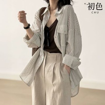 初色 復古慵懶風條紋寬鬆翻領長袖單排釦襯衫上衣女上衣-條紋-15062(M-2XL可選)