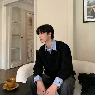 時尚 痞帥 青春 潮流 韓版 撞色 拼接 衛衣 男 套頭 翻領 寬鬆 高街 長袖 假兩件 8C