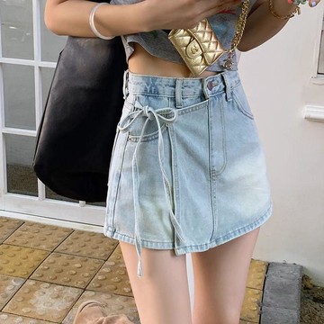 【台灣出貨】復古藍假兩件牛仔裙褲 夏季美式不規則短褲 高腰A字顯瘦百搭 韓系大尺碼女裝 透氣涼感