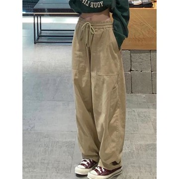 卡其色褲子女日系工裝休閑褲高腰直筒大碼胖mm梨形身材寬松闊腿褲