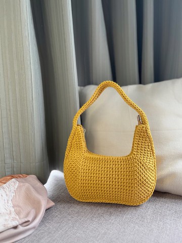 手工鉤織Juno腋下半月包手袋單肩包薑黃色針織鈎織編織手作袋