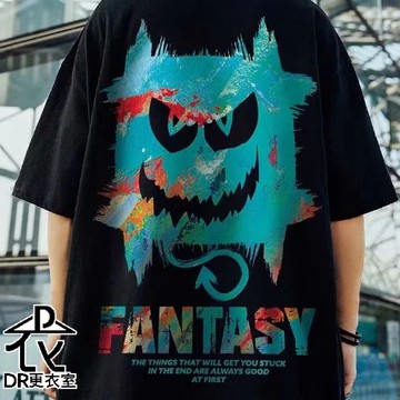 DR更衣室-街頭潮牌趣味油漆惡魔塗鴉大圖 五分袖 短袖T恤 FANTASY落肩上衣 大尺碼8XL【NL626209】