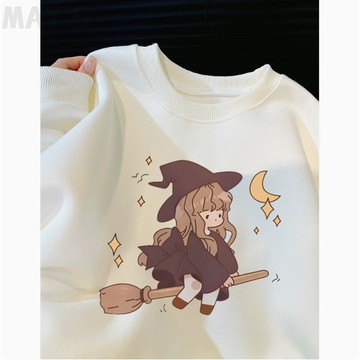 韓系大學T女 寬鬆氣質款 小女巫可愛印花  加絨加厚大學T  保暖刷毛大學踢  冬季厚款衛衣  圓領套頭大學T