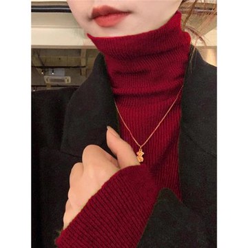 高領紅色毛衣打底衫女秋冬2024新款高級感修身內搭堆堆領針織上衣