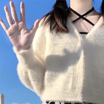 自制日系仿貂絨毛絨溫柔短款針織開衫寬松百搭長袖毛衣秋冬外套