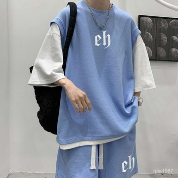 【男士套裝】華夫格短袖短褲套裝男夏季潮流寬鬆青少年休閒裝衣服一套搭配帥氣 RK5K