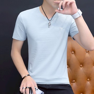 全棉V字領半袖t恤男修身潮流青年夏天汗衫雞心領短袖體桖帥氣上衣