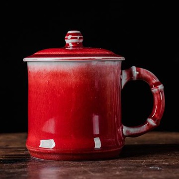 龍窯柴燒郎紅泡茶杯水杯帶蓋陶瓷辦公杯帶把會議大容量男女老板杯