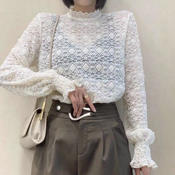 蕾絲雕花復古秋冬新款半高領打底衫百搭洋氣內搭長袖網紗襯衫