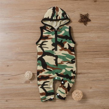 跨境實拍模特無袖夏季新款B類男童連衣褲歐美迷彩嬰檔爬服兒衣服