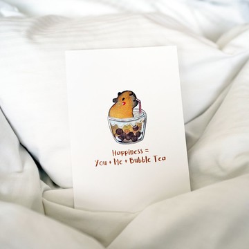 【水豚寶寶香港美食 - 珍珠奶茶】卡皮巴拉 水彩插畫 明信片