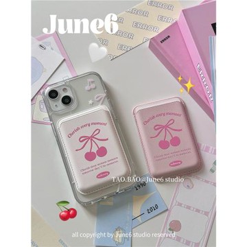 June6 studio 韓國ins小眾設計粉色櫻桃蝴蝶結磁吸卡包適用iphone16promax蘋果15手機殼14透明亞克力13/12p新