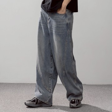 QUEENSHOP_F 男裝 弧形剪接牛仔長褲 現+預 【04011847】