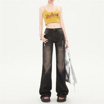 ZAZN美式復古水洗懷舊破壞鉚釘微喇褲秋季新款修身顯瘦百搭牛仔褲