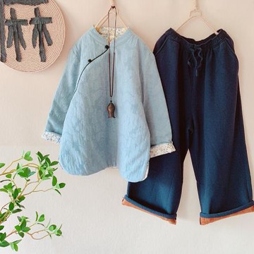 復古中國風棉麻提花立領盤扣棉服女冬加厚夾棉茶服棉衣闊腿褲套裝