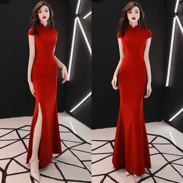 旗袍晚禮服復古氣質高貴優雅修身連衣裙年會宴會舞臺演出走秀長裙