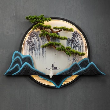 新中式客廳背景墻面裝飾圓形禪意壁掛迎客松掛件玄關酒店墻壁裝飾